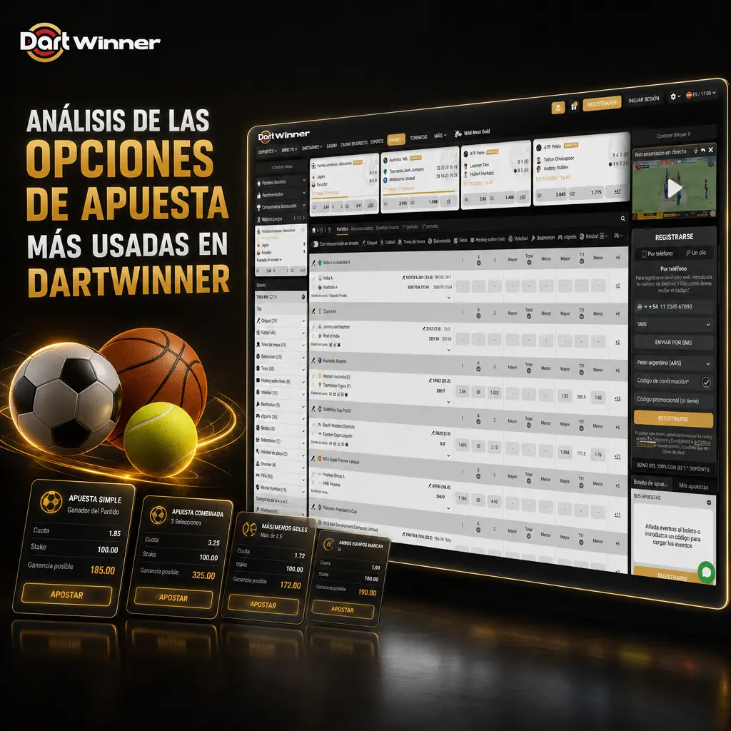 Opciones de apuesta en DartWinner: simple, combinada y Cash Out para ajustar riesgo y ganancia según la estrategia.