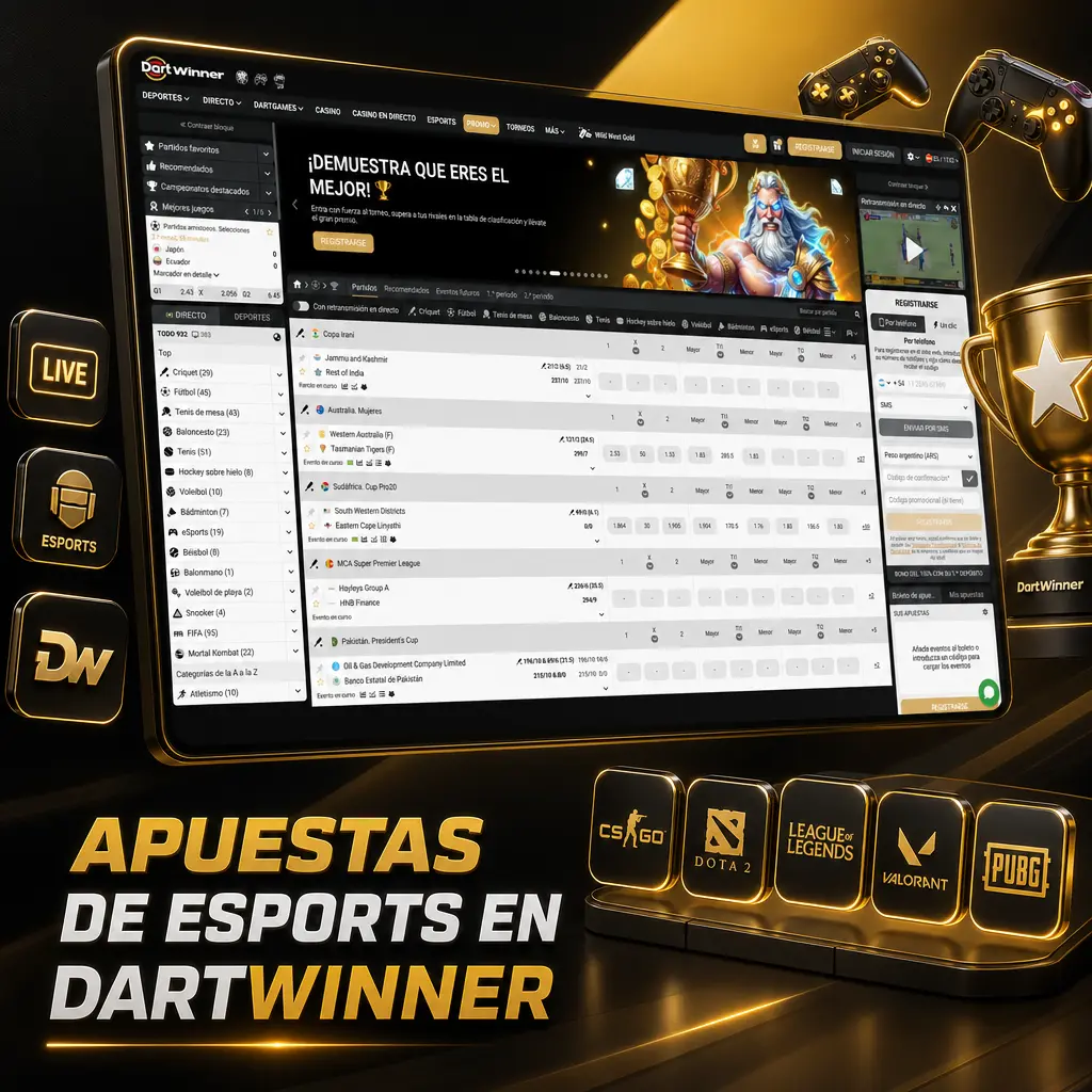 Apuestas de esports en DartWinner: League of Legends, CS2, Dota 2, Valorant y Free Fire con cuotas y resultados en vivo