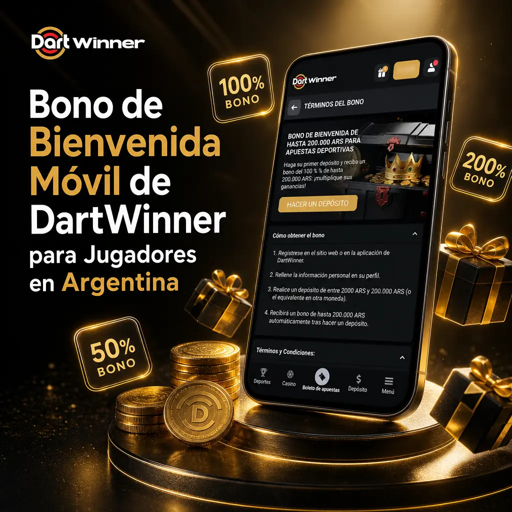 Bono de bienvenida móvil de DartWinner: 100% hasta 2.685.000 ARS más 150 giros gratis para jugadores en Argentina.