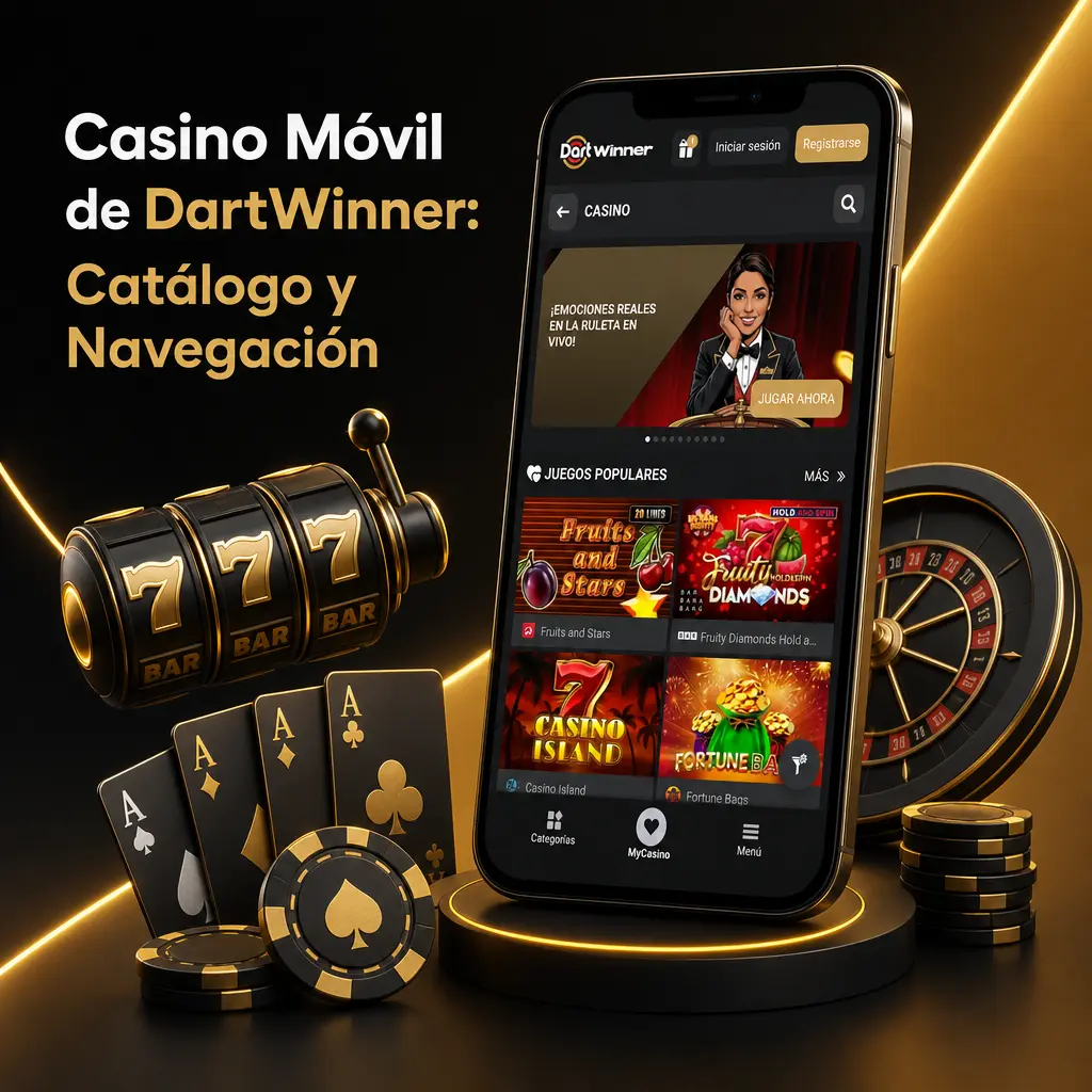 Catálogo de casino móvil de DartWinner con filtros por proveedor y categorías como slots, mesa y en vivo.