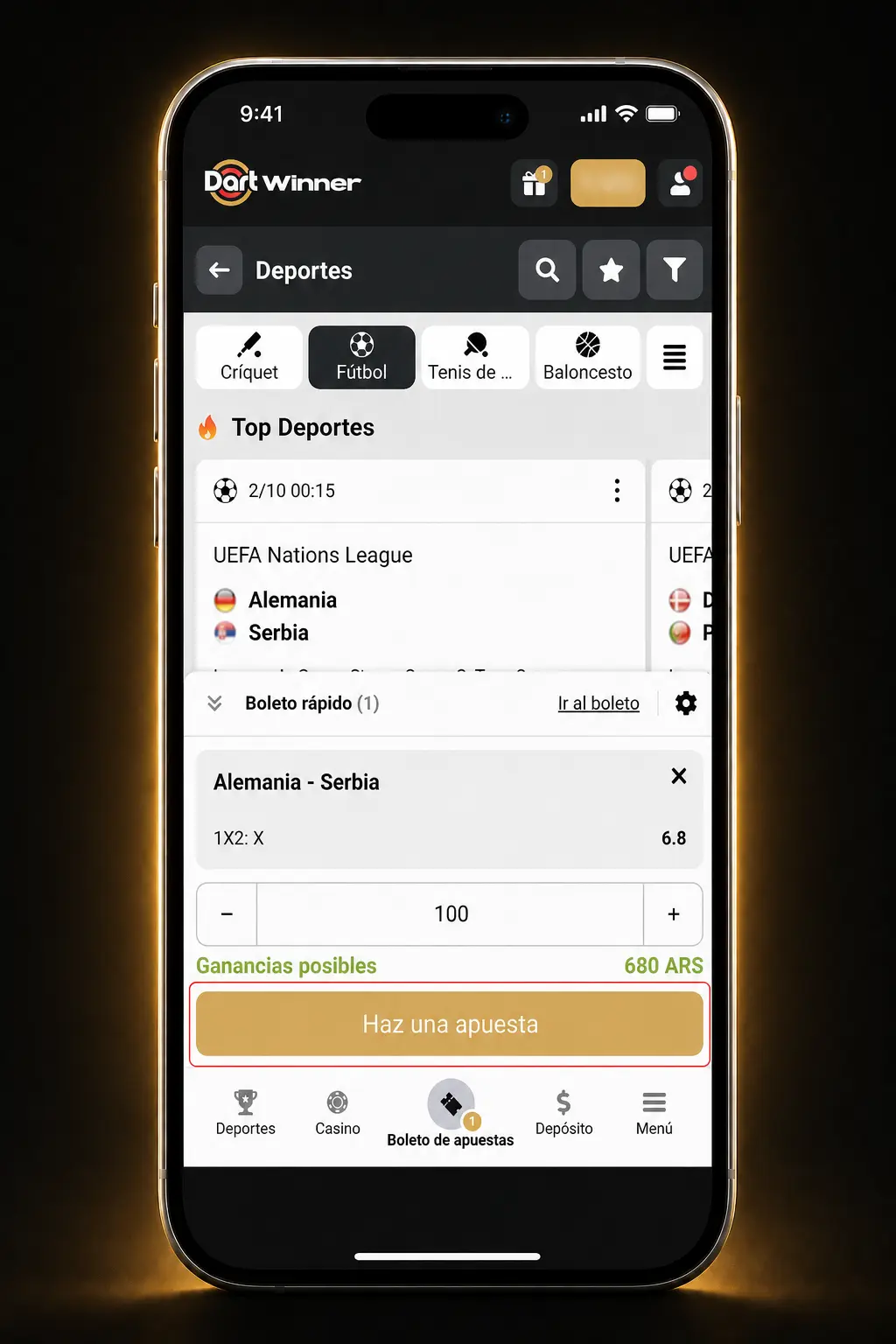 Guía paso a paso para apostar en DartWinner: elegir evento, mercado, cuota e importe en ARS para confirmar el cupón.