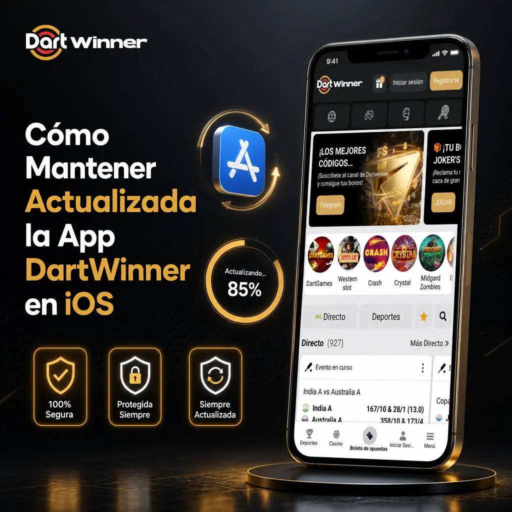 Pasos para actualizar la app DartWinner en iOS: abrir en Safari, cargar la página y reinstalar el ícono en pantalla de inicio.