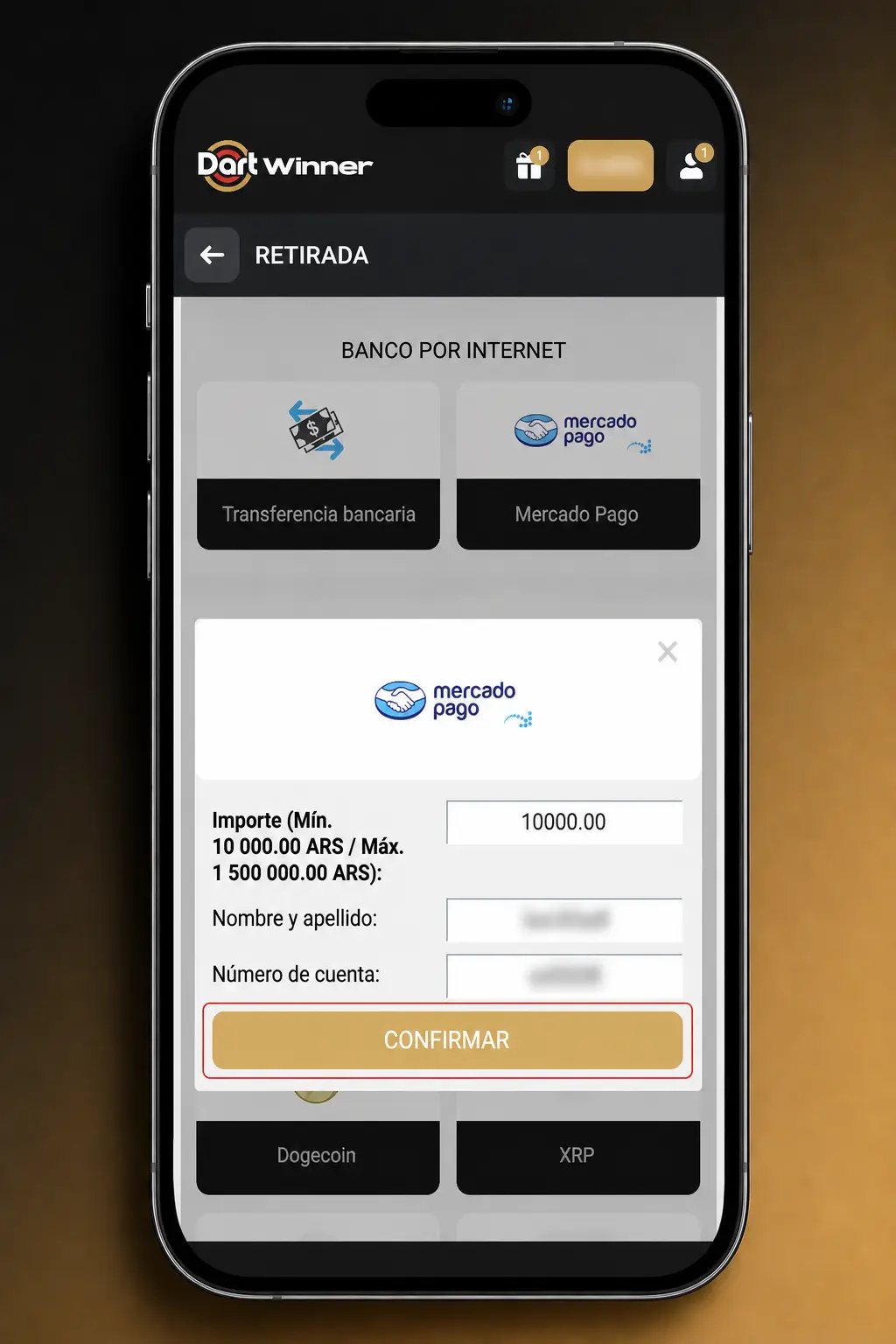 Pasos para retirar dinero de DartWinner: verificar cuenta, elegir método de pago y solicitar el retiro mínimo de 10.000 ARS.