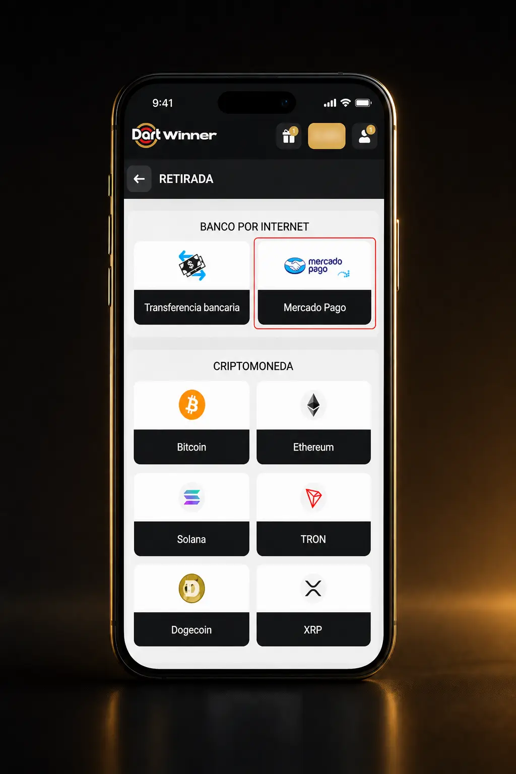 Captura de pantalla del panel de usuario en DartWinner mostrando los pasos para retirar dinero paso a paso.