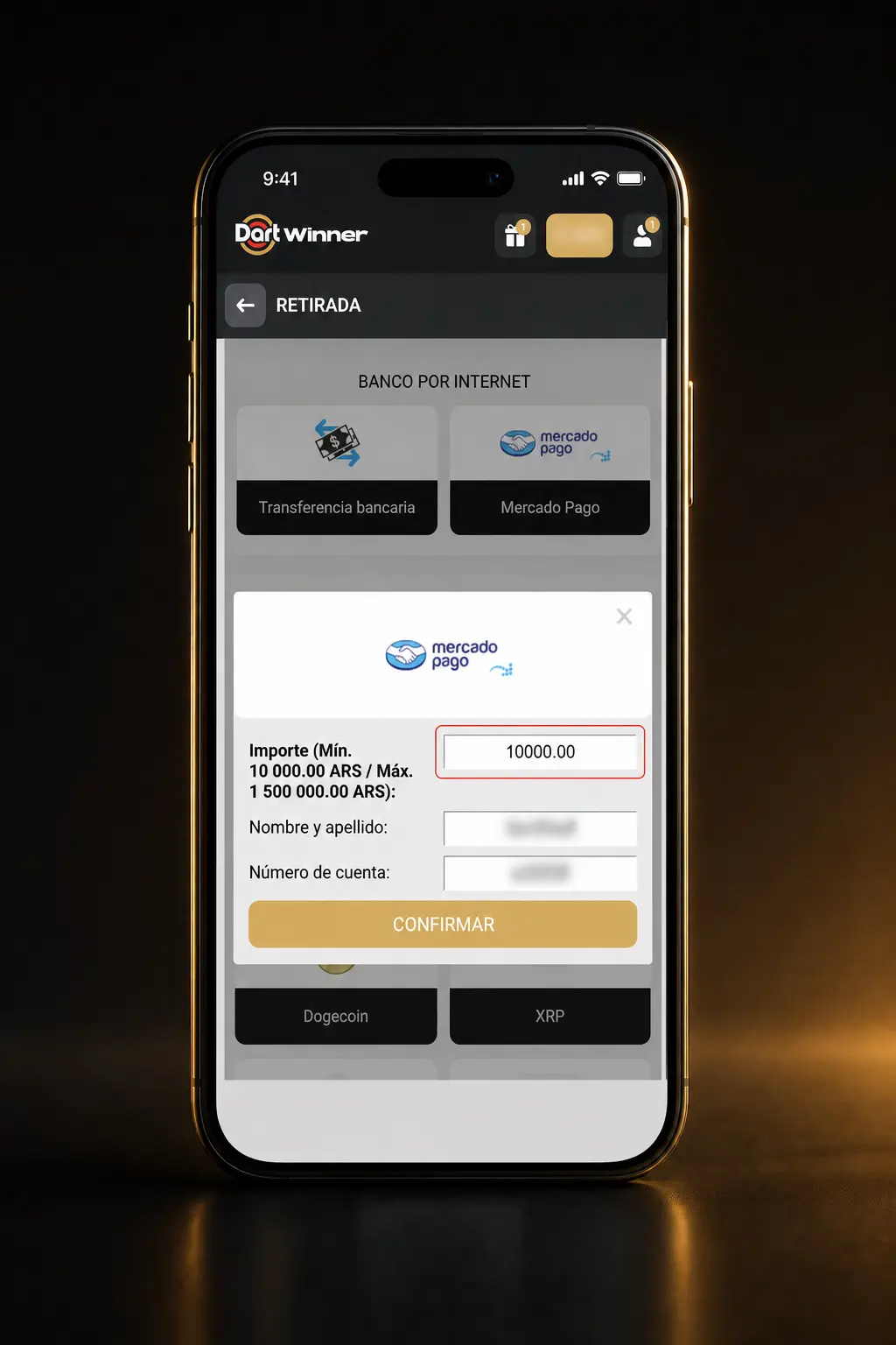 Captura de pantalla del panel de usuario de DartWinner mostrando el proceso de retiro de dinero paso a paso.