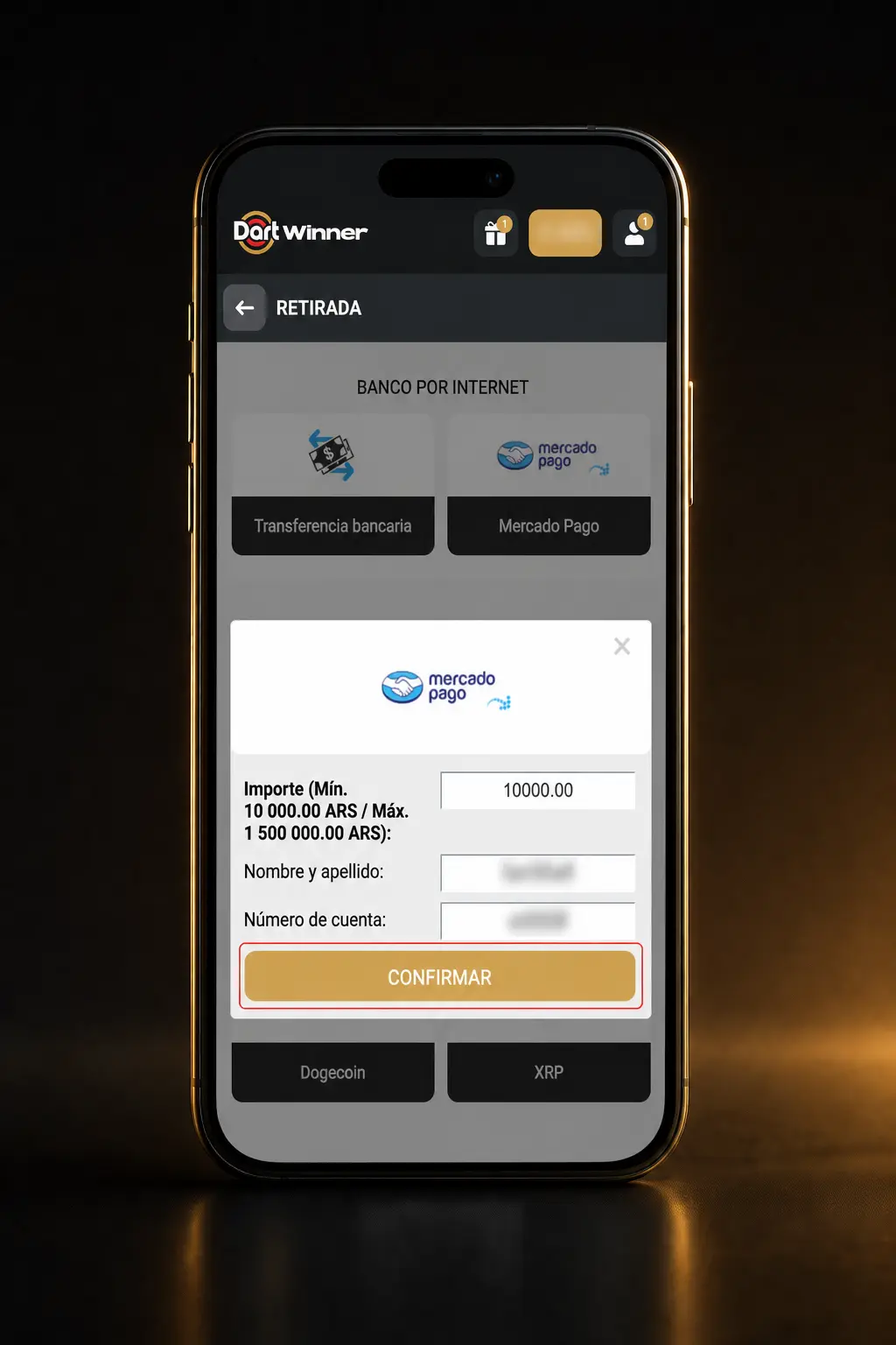 Captura de pantalla del panel de retiro de dinero en DartWinner, mostrando métodos de pago y montos disponibles.