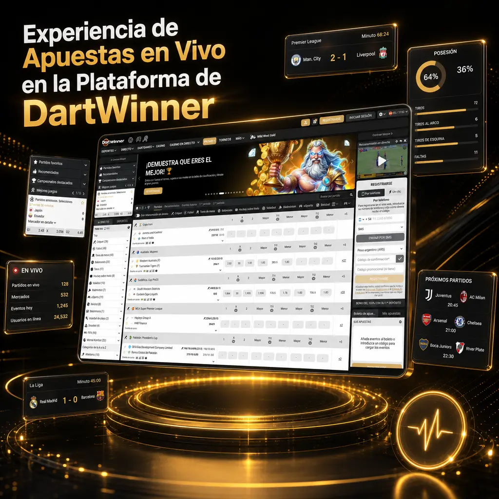 Panel de apuestas en vivo de DartWinner con cuotas de fútbol, tenis, básquet, esports y vóley actualizadas en tiempo real.