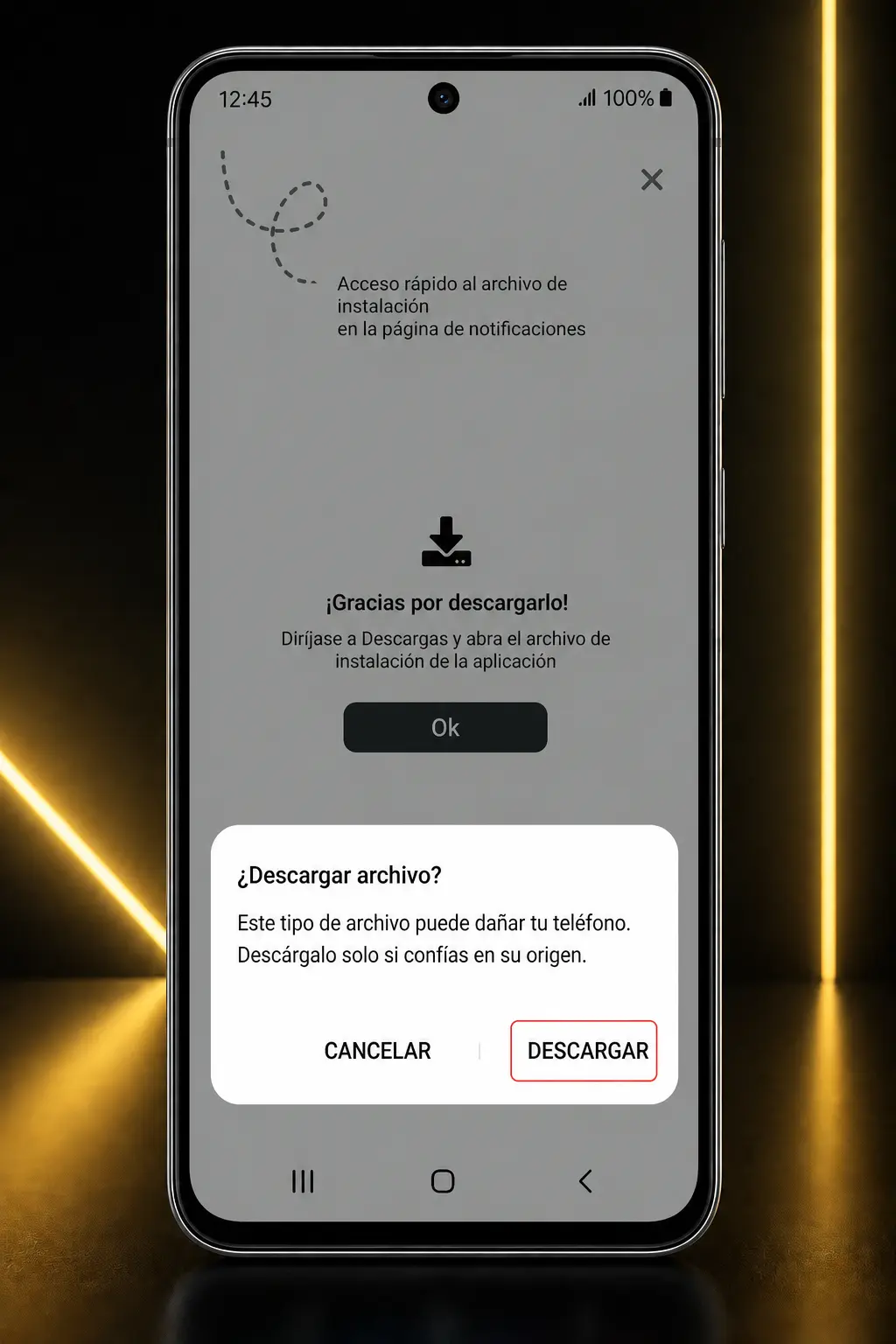 Captura de pantalla con los pasos para descargar e instalar el APK de DartWinner en un dispositivo Android