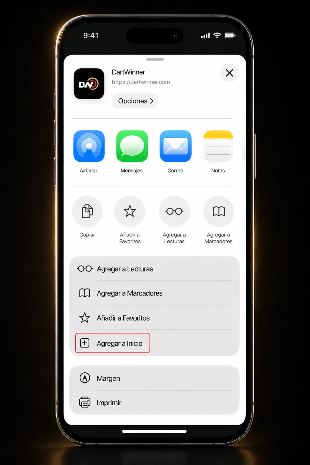 Pasos para instalar DartWinner en iOS mediante Safari, agregando el acceso directo a la pantalla de inicio