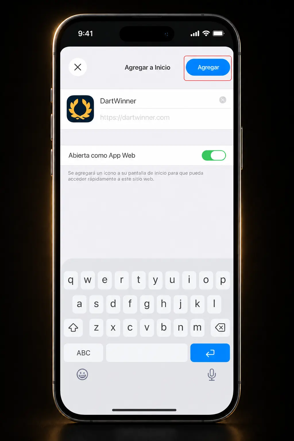 Pasos para instalar DartWinner en iOS mediante Safari, agregando el acceso directo a la pantalla de inicio