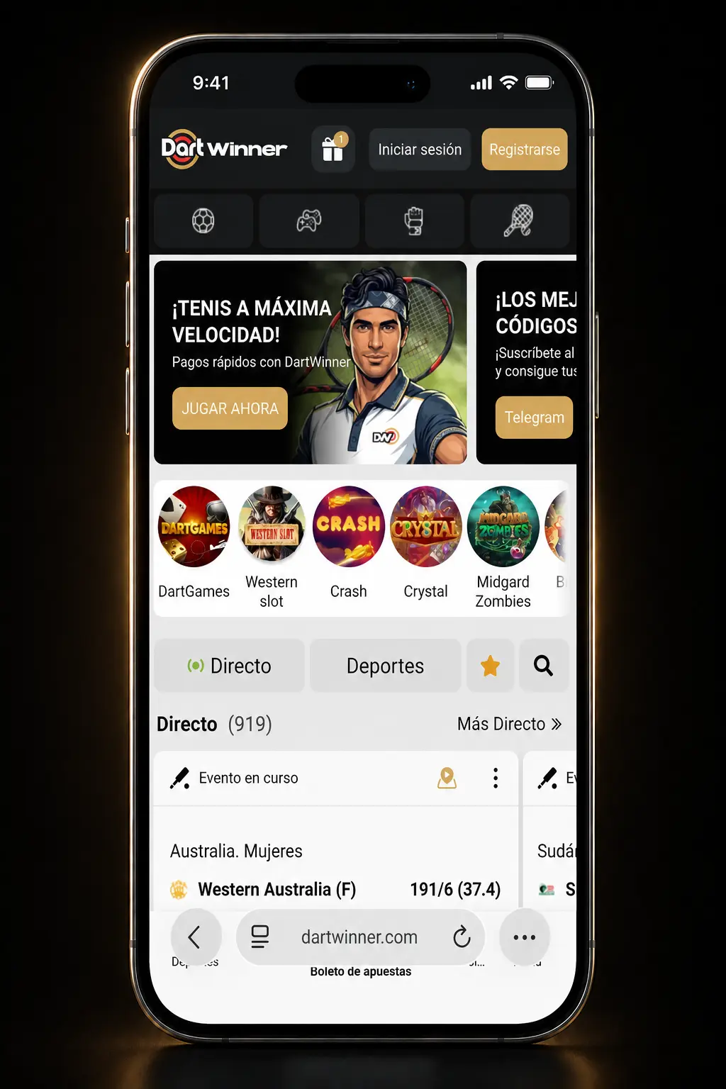 Pasos para instalar DartWinner en iOS mediante Safari, agregando un acceso directo a la pantalla de inicio del iPhone.