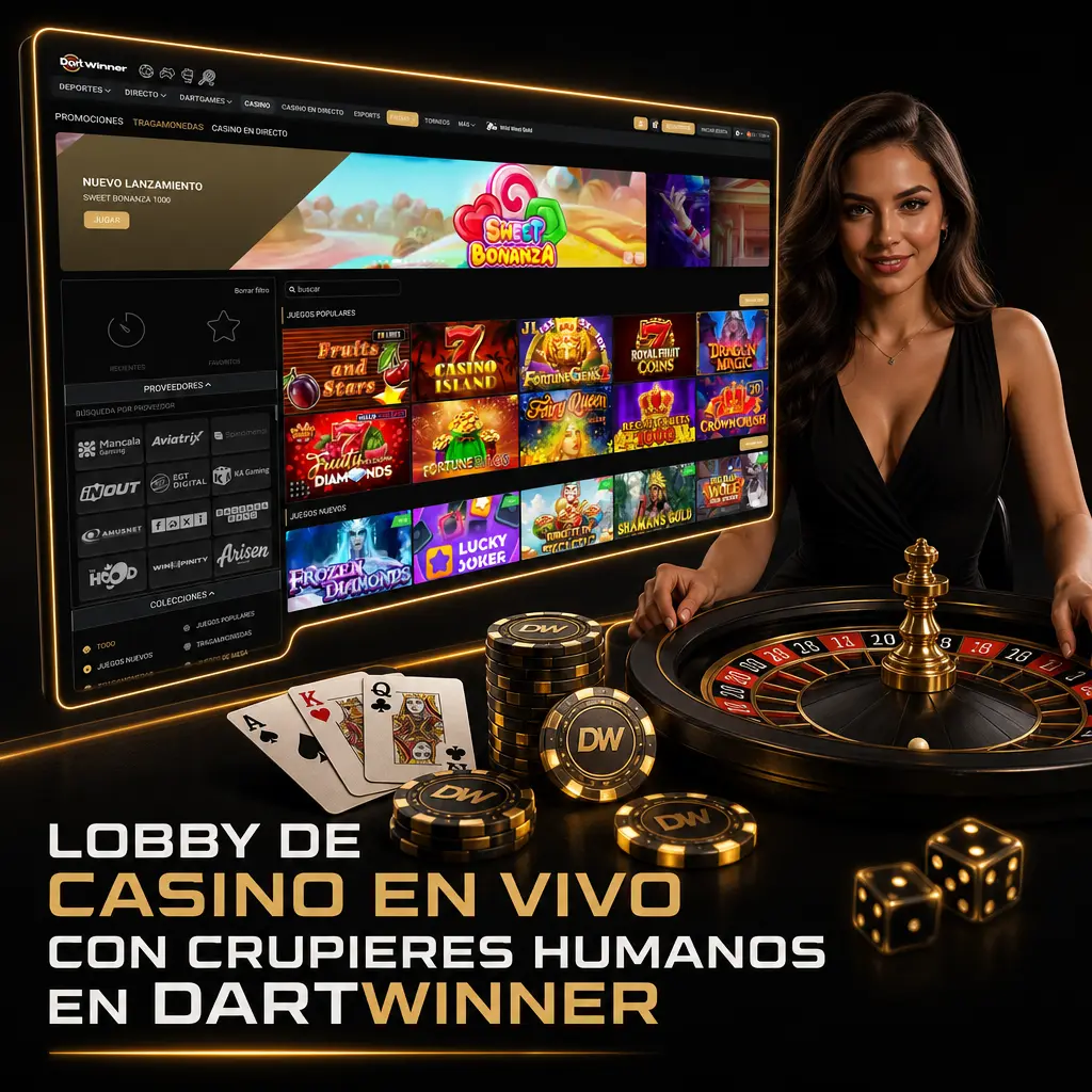 Lobby de casino en vivo de DartWinner con crupieres humanos en ruleta, blackjack, baccarat y game shows en HD