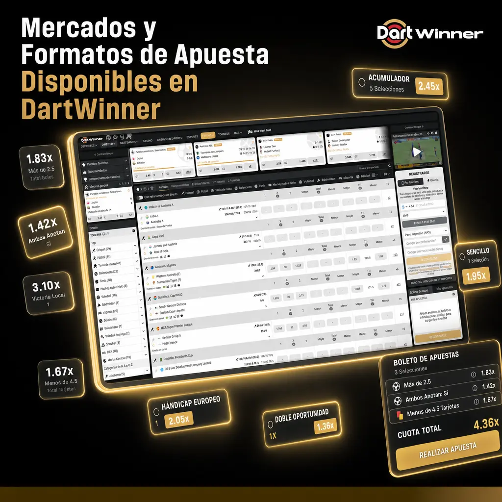 Mercados de apuestas en DartWinner: hándicap asiático, over/under, doble oportunidad, resultado exacto y ambos anotan.