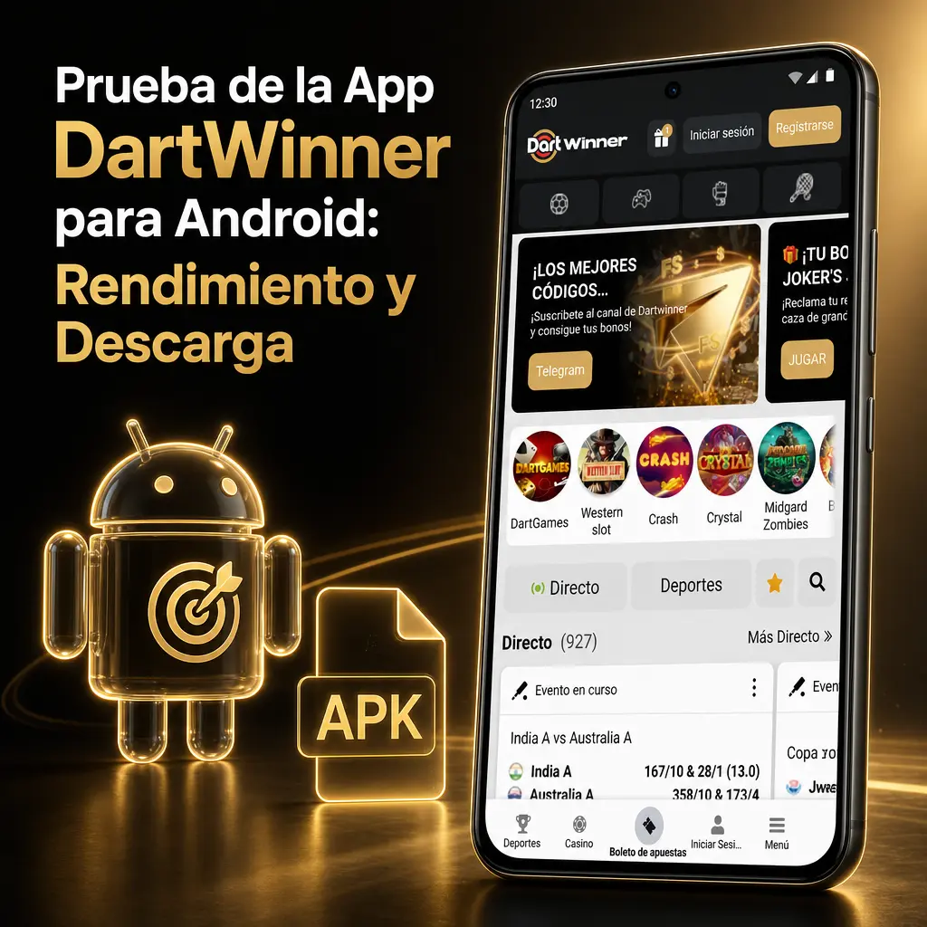 Prueba de rendimiento de la app DartWinner en Android, mostrando descarga gratuita del APK y compatibilidad con equipos de gama media.