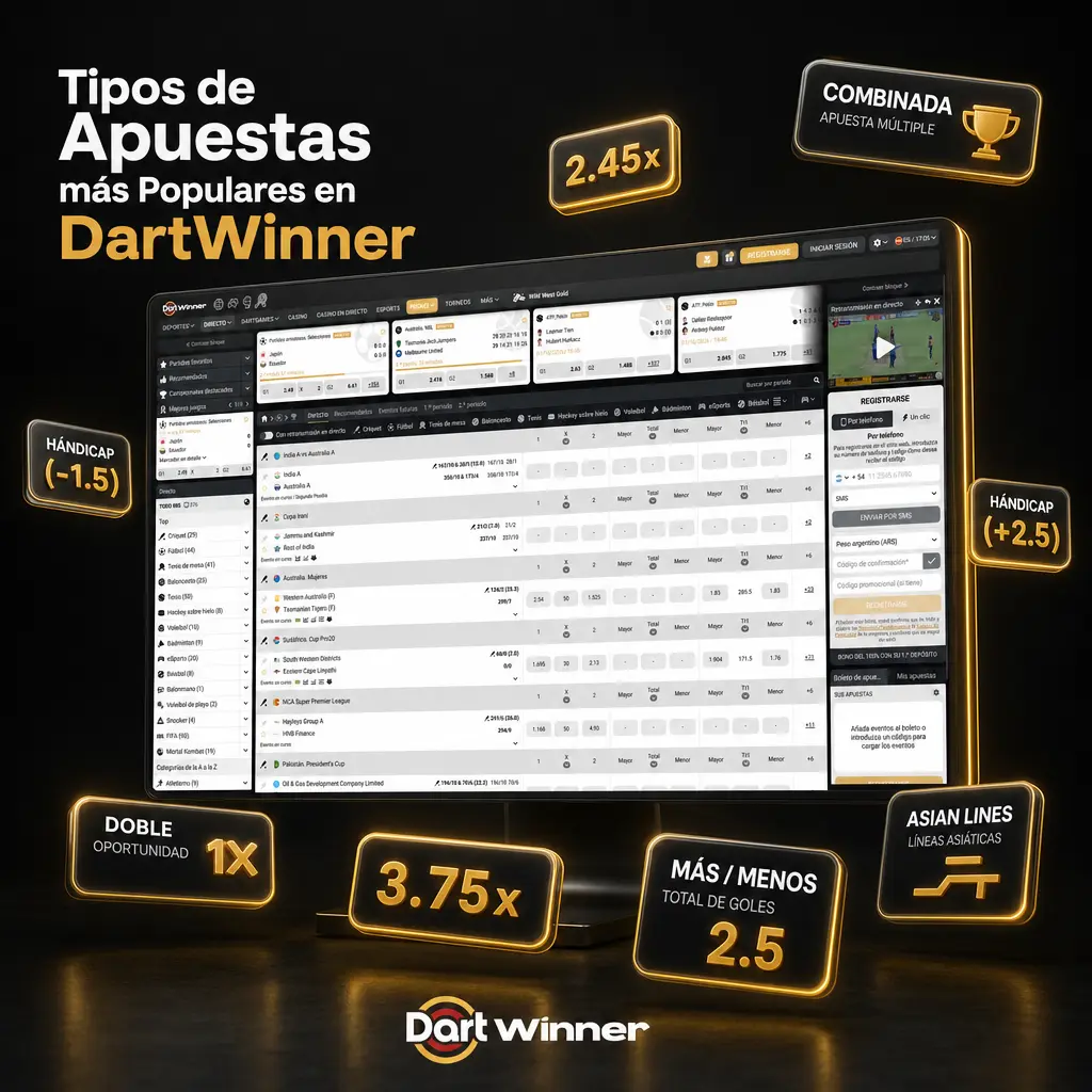 Tipos de apuestas populares en DartWinner: simple, combinada, sistema, en vivo y cash out para distintas estrategias.
